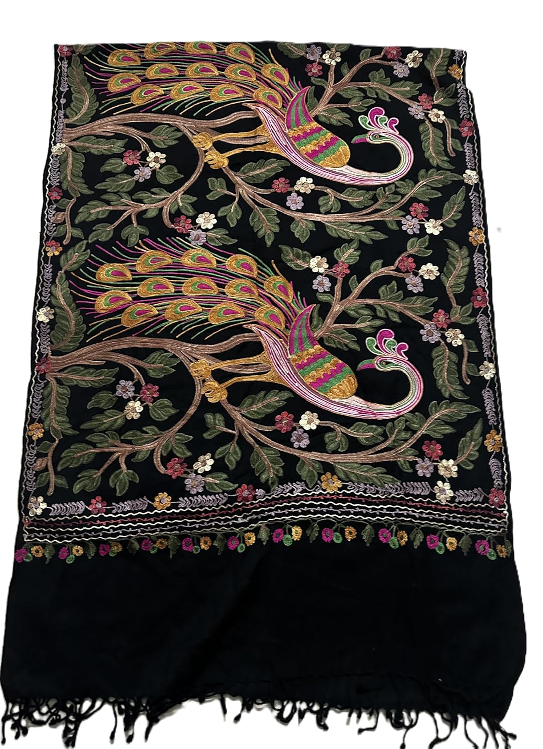 Black Shawl with Vibrant Peacock and Floral Embroidery, Multicolour, with Tassel Fringe