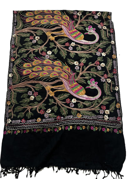 Black Shawl with Vibrant Peacock and Floral Embroidery, Multicolour, with Tassel Fringe