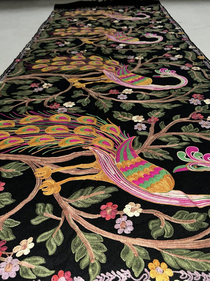 Black Shawl with Vibrant Peacock and Floral Embroidery, Multicolour, with Tassel Fringe