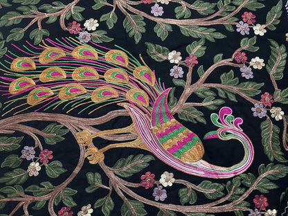 Black Shawl with Vibrant Peacock and Floral Embroidery, Multicolour, with Tassel Fringe