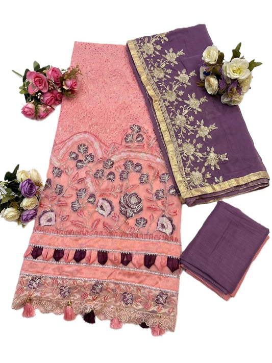 Floral Embroidered Semi Stitched Suit, Pink and Purple, with Dupatta and Bottom