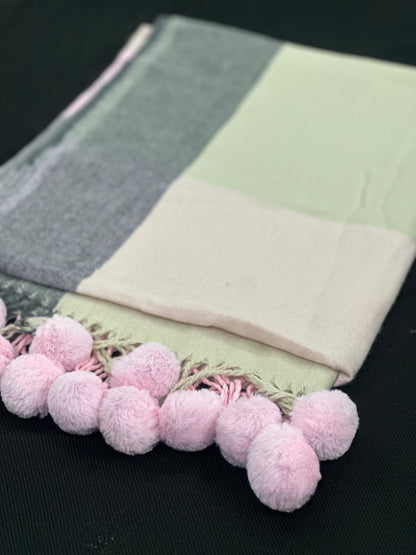 Pink, Brown & Cream Check Pom Pom Scarf