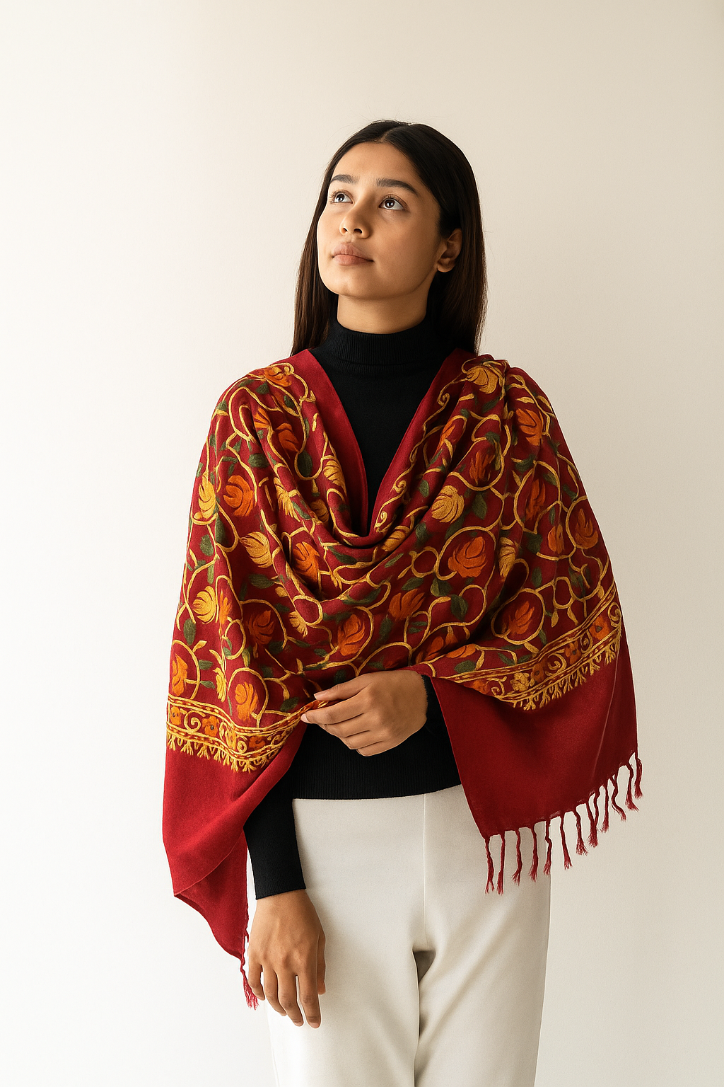 Kashmir Embroidered, Poly Acralic Wool 28"X80" Traditional Ari Embroidery Shawl/Stoles for Women,Ladies,Girls