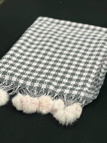 Black & Cream Check Pom Pom Scarf