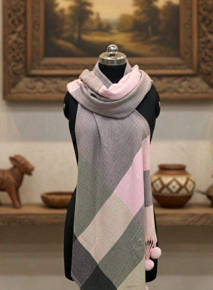 Pink, Brown & Cream Check Pom Pom Scarf