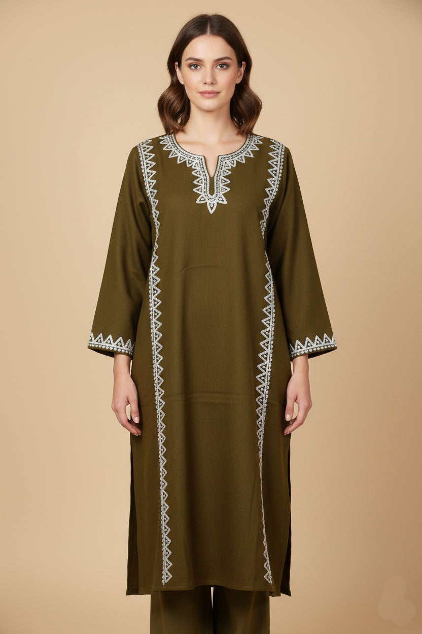 Olive Border Aari & Zari Embroidered Pheran
