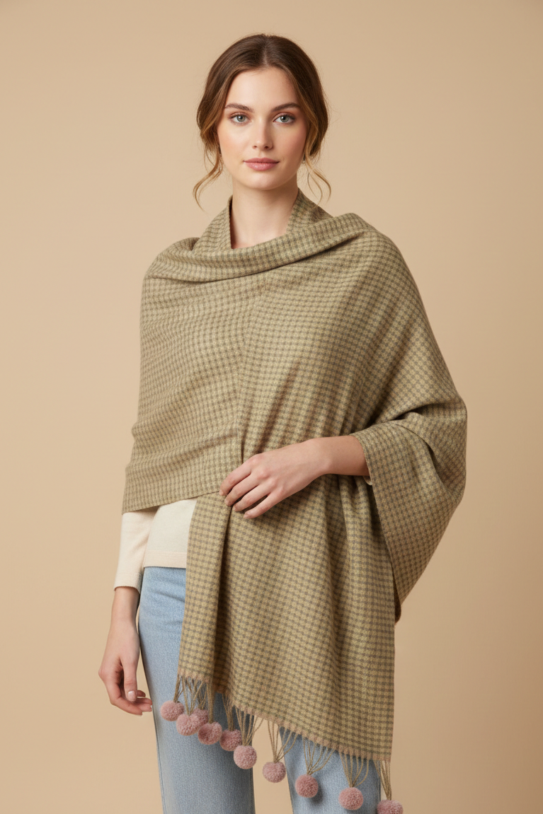 Elegant Beige Pom-Pom Shawl Stole – Classic Winter Wrap
