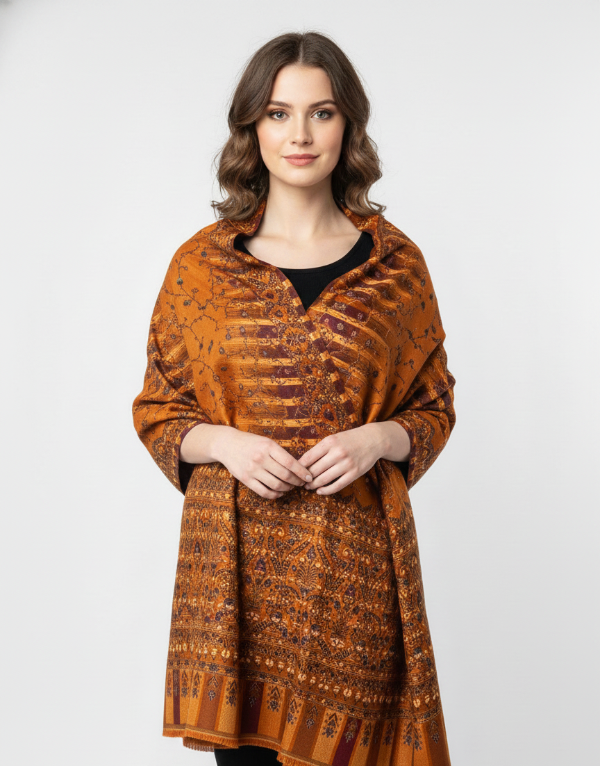 Women Wool Blend, Pink Jacquard Wovewn Designer Shawl/Wrap