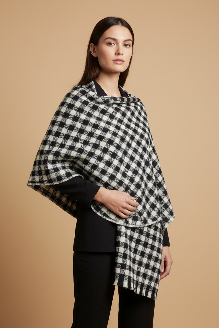 Classic Black & White Check Shawl Stole – Timeless Winter Wrap