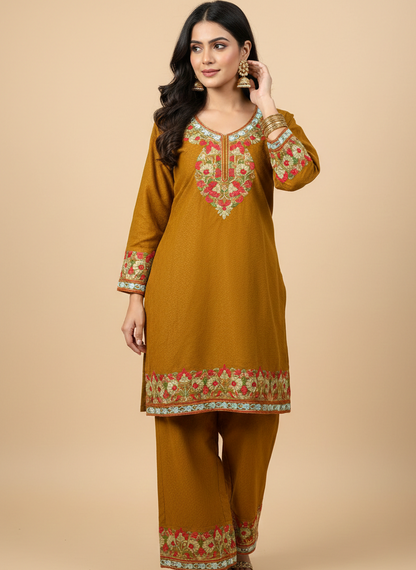 Mustard Yellow Floral Design Aari Embroidered Warm Cashmere jacquard  Co Ord Set