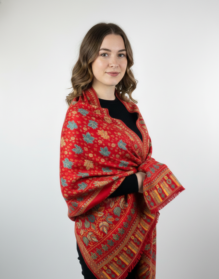 Women Wool Blend, Pink Jacquard Wovewn Designer Shawl/Wrap