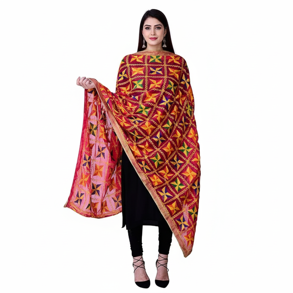 Women's Embroidered Phulkari Chiffon Dupatta