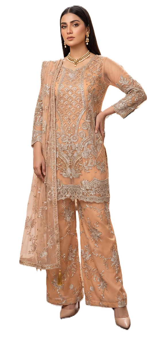 Women's Embroidered Net Semi Stiched Suit, Peach, Palazzo Pants with Dupatta, 3-Piece Set
