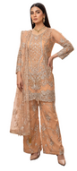 Women's Embroidered Net Semi Stiched Suit, Peach, Palazzo Pants with Dupatta, 3-Piece Set