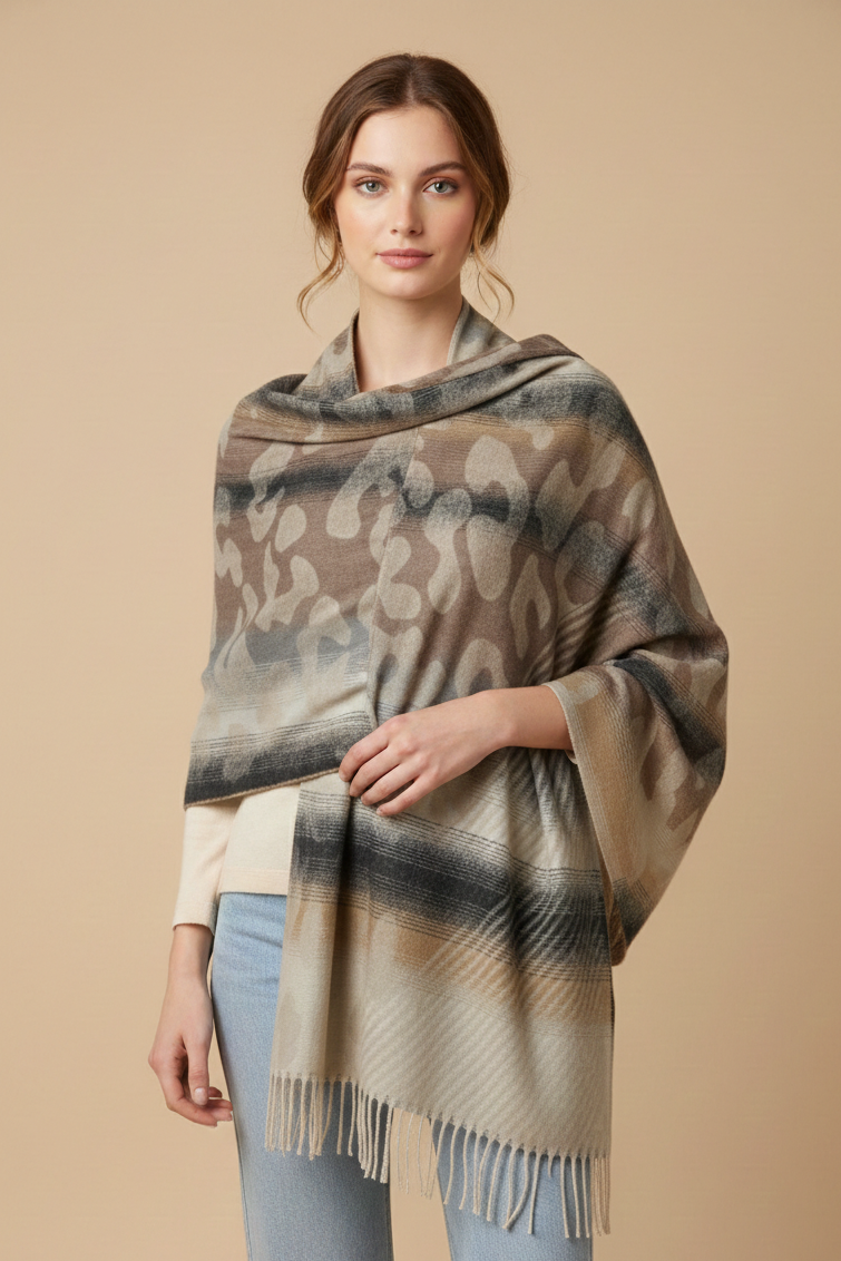 Classic Beige Multi Shawl Stole – Elegant Winter Wrap
