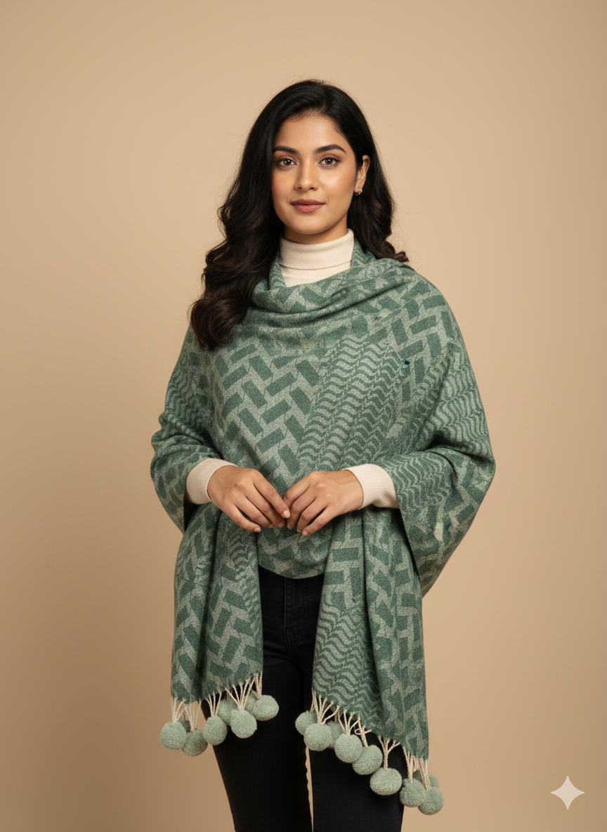 Premium Green Pom-Pom Wrap – Lightweight & Warm