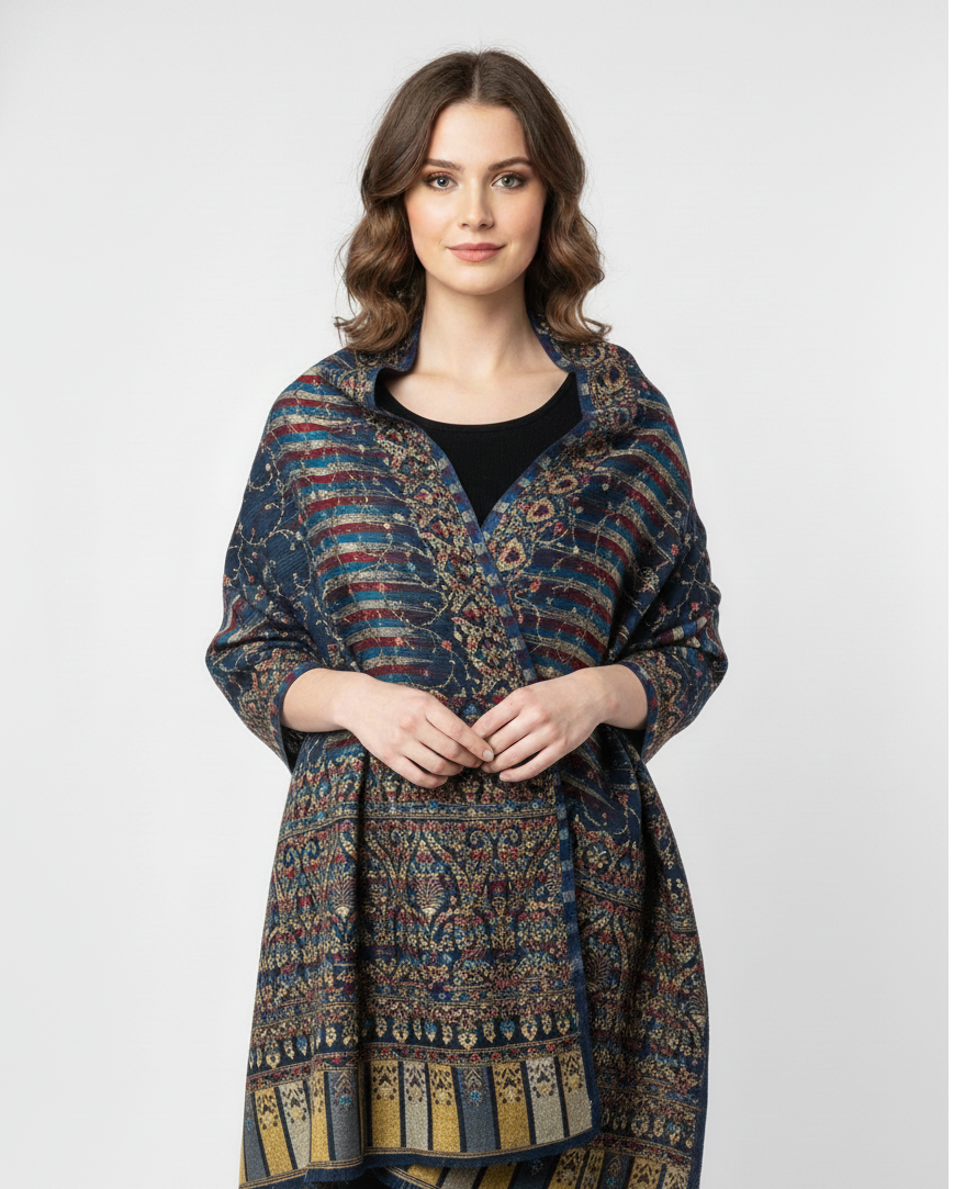 Women Wool Blend, Pink Jacquard Wovewn Designer Shawl/Wrap