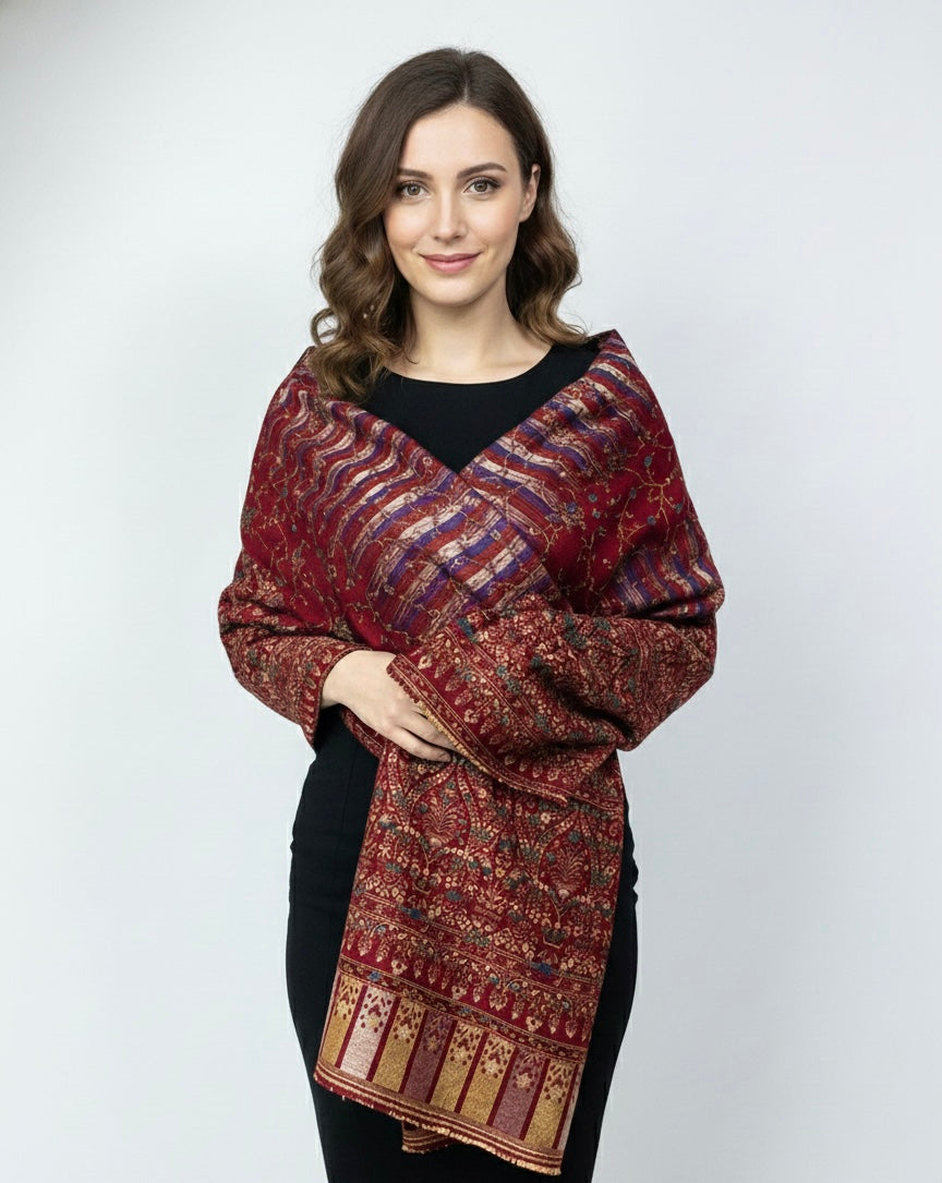 Women Wool Blend, Pink Jacquard Wovewn Designer Shawl/Wrap