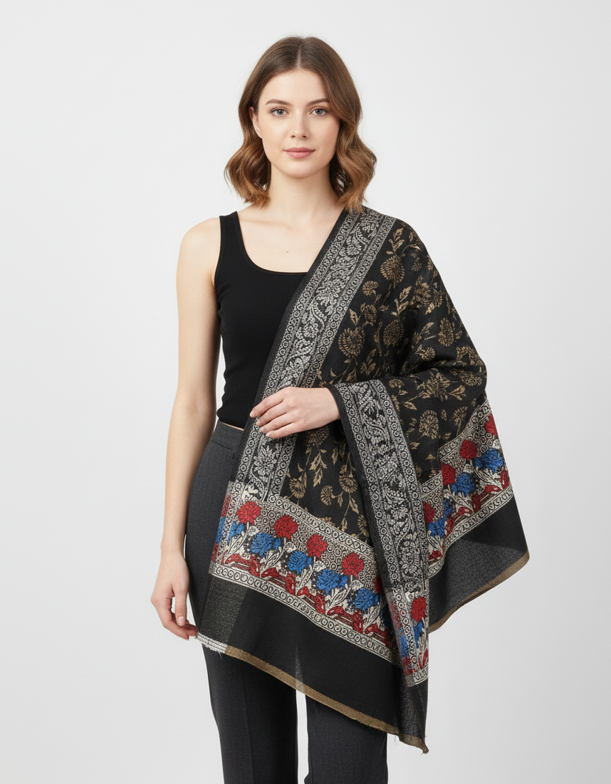 Women Wool Blend, Pink Jacquard Wovewn Designer Shawl/Wrap