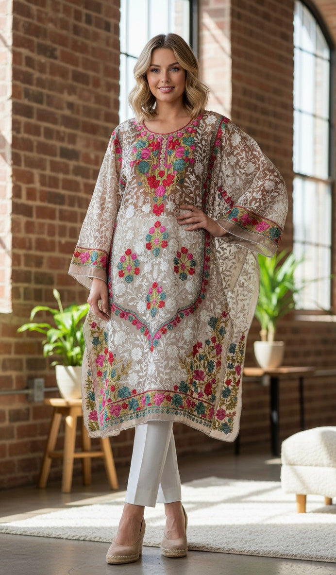 Kashmiri Georgette Long Kurti with Aari Embroidery,Semi-Stitched.