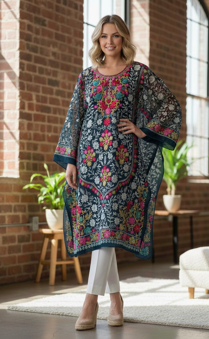 Kashmiri Georgette Long Kurti with Aari Embroidery,Semi-Stitched.