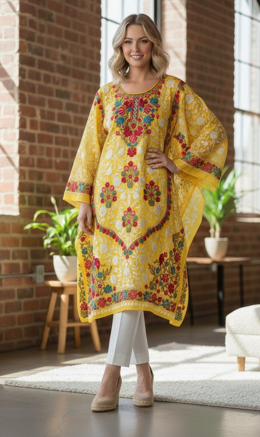 Kashmiri Georgette Long Kurti with Aari Embroidery,Semi-Stitched.
