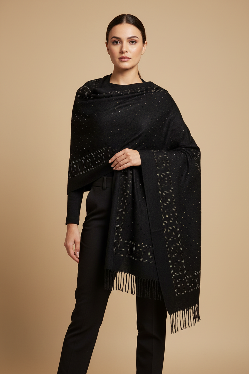 This black shawl has a much more sophisticated, "night out" energy compared to the first one. The gold studding in that Greek-key style border gives it a high-end, Versace-inspired look.