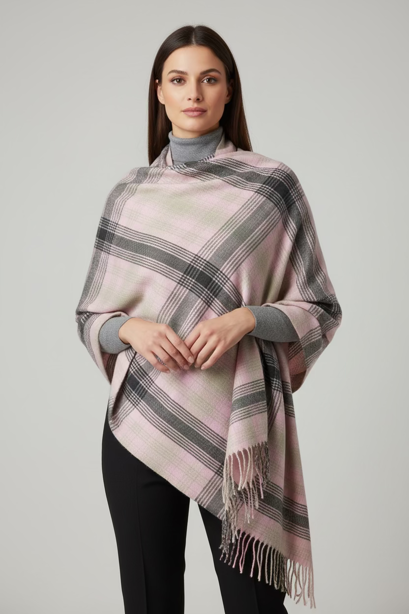 he mix of soft pastel pink with those structured grey and tan checks gives it a perfect balance of "cozy" and "sophisticated."