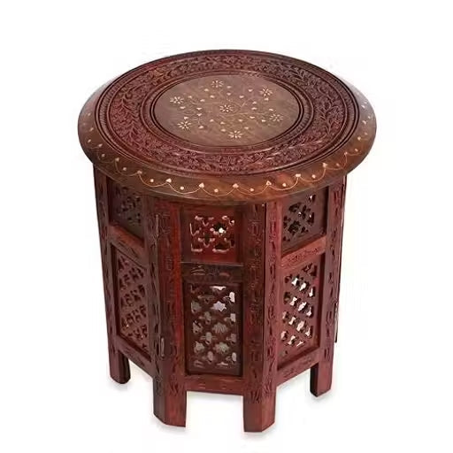 Sheesham Wood Round Folding Side Table – Antique Brown Hand-Carved 18 Inch End Table for Living Room