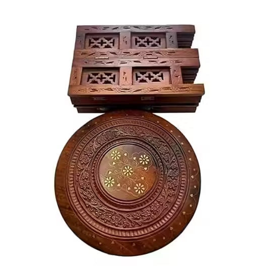 Sheesham Wood Round Folding Side Table – Antique Brown Hand-Carved 18 Inch End Table for Living Room