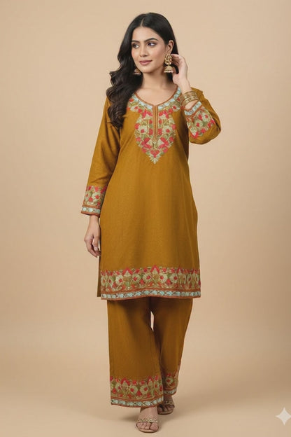 Mustard Yellow Floral Design Aari Embroidered Warm Cashmere jacquard  Co Ord Set