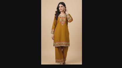 Mustard Yellow Floral Design Aari Embroidered Warm Cashmere jacquard  Co Ord Set