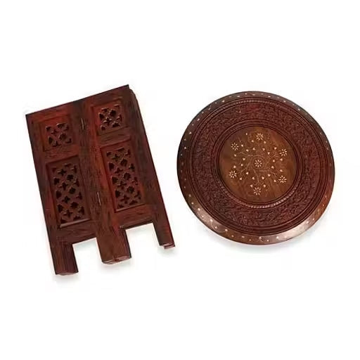Sheesham Wood Round Folding Side Table – Antique Brown Hand-Carved 18 Inch End Table for Living Room